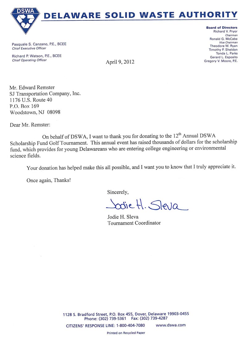 Delaware Solid Waste Authority thank you letter