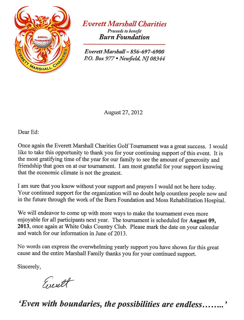 Everett Marshall Charities thank you letter from August 2012
