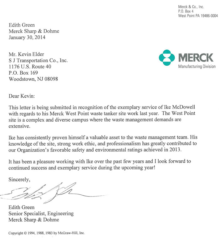 Driver appreciation letter from Merck