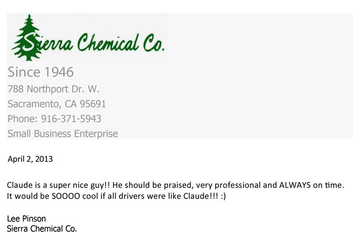 Sierra Chemical Company driver appreciation letter